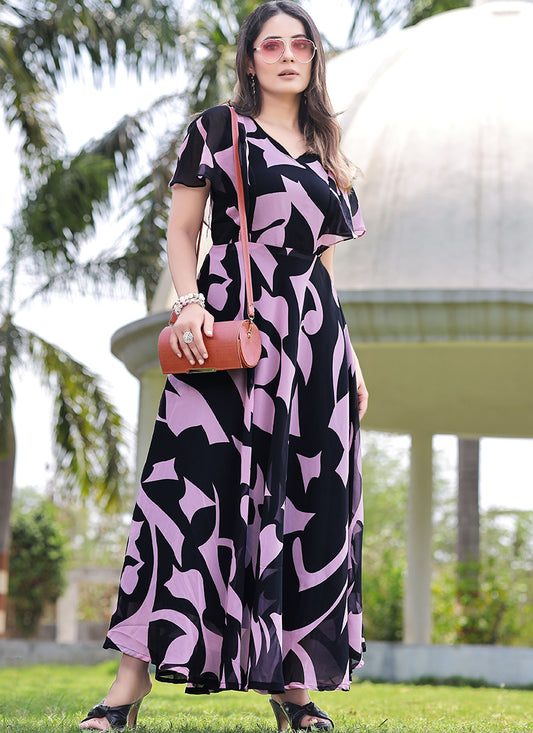 Charming Lavender & Black Color Ankle Length Georgette Maxi Dress