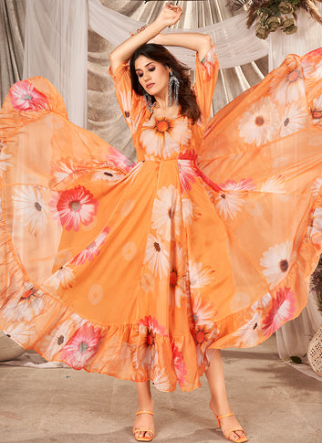 Orange Soft Organza Floral Printed Party Wear Dress