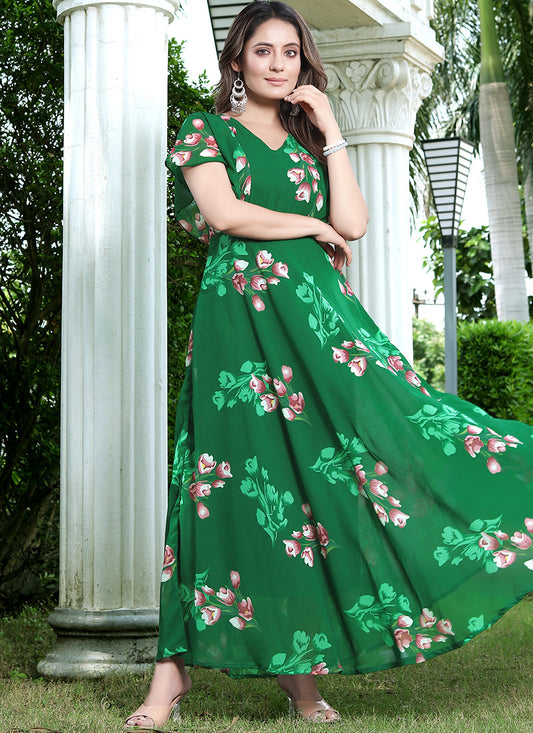 Delightsome Green Color Umbrella Flair Digital Print Maxi Dress