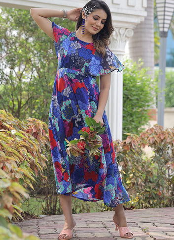Festal Multi Color Umbrella Flair Digital Print Midi Calf Length Dress