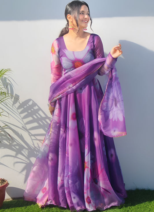 Purple Printed Organza Party Wear Dress With Dupatta