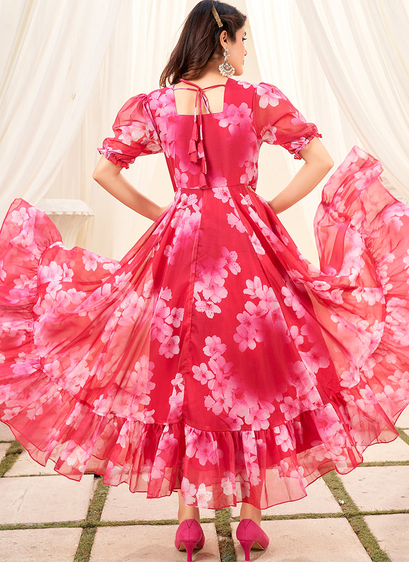 Hot Pink Organza Party Wear Dress