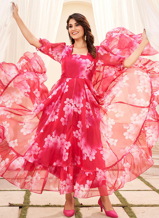 Hot Pink Organza Digital Printed Party Wear Dress