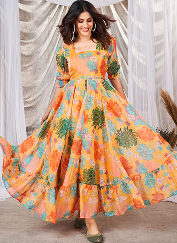 Mustard Yellow Organza Floral Printed Party Wear Dress