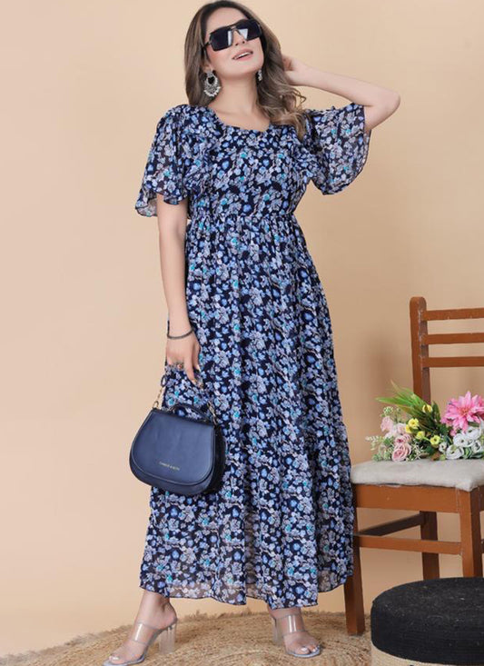 Beautiful Blue Color Ankle Length Digital Print Georgette Maxi Dress