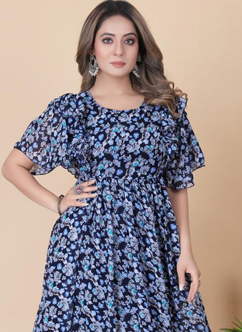 Beautiful Blue Color Ankle Length Digital Print Georgette Maxi Dress