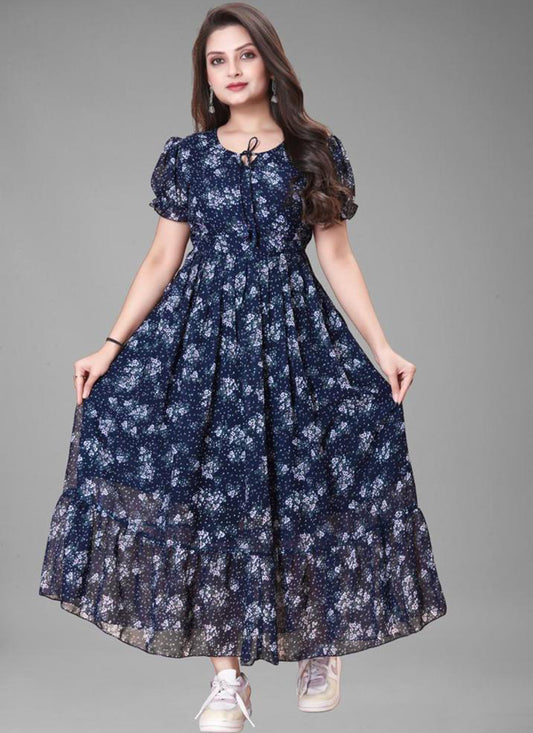 Sterling Blue Color Puff Sleeve Digital Print Georgette Maxi Dress