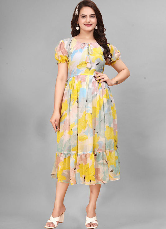 Tempting Multi Color Digital Print Georgette Midi Dress