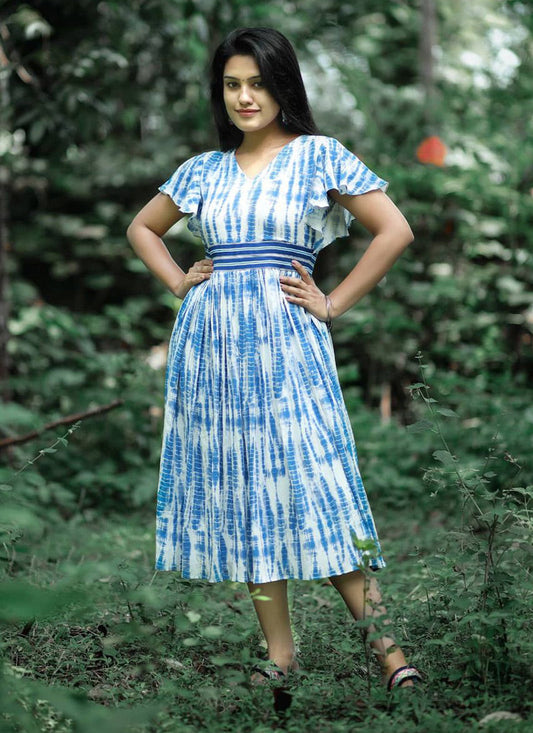 Blue Rayon Printed Western Dress