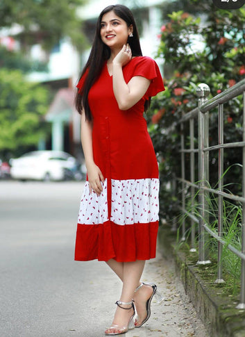 Red Rayon Printed Western Dress