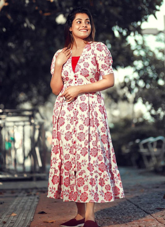 White And Red Rayon Printed Western Dress