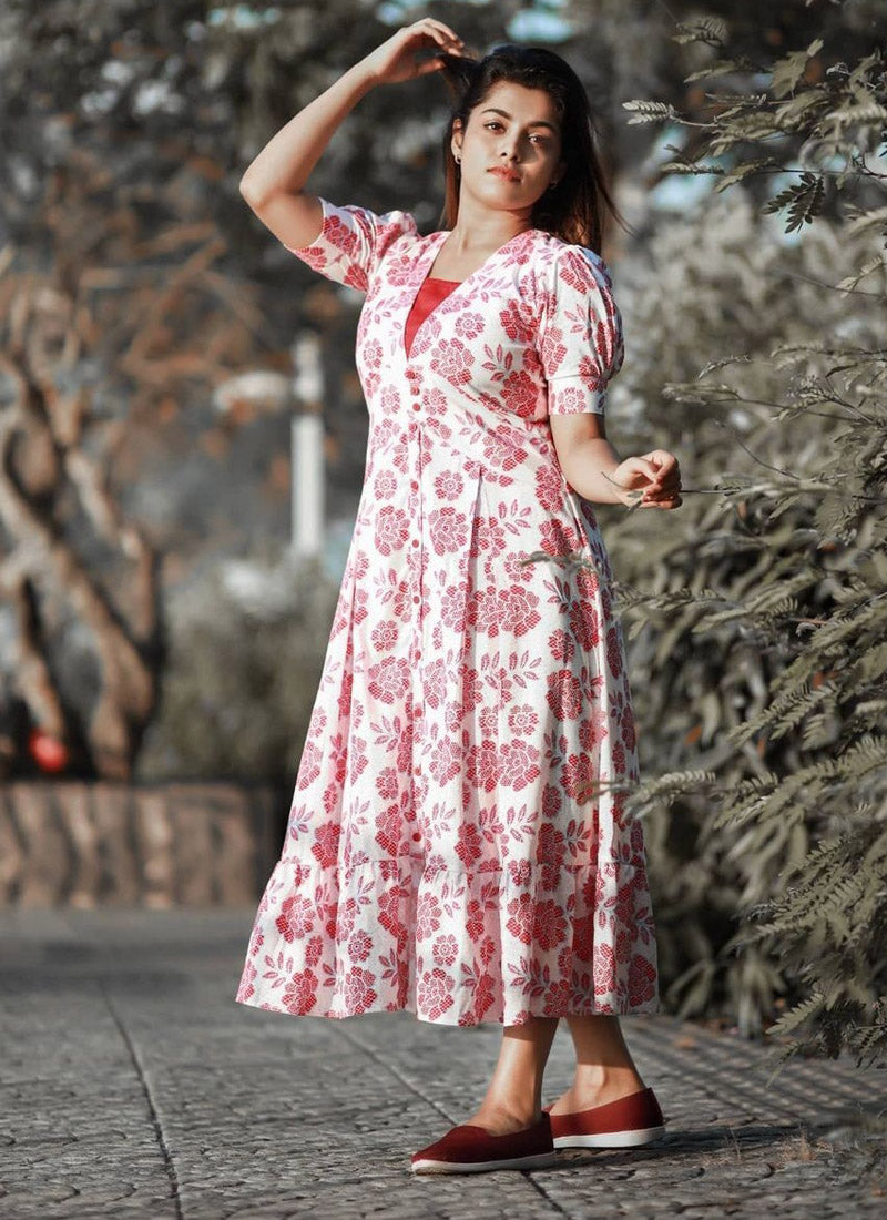 White & Red Rayon Printed Western Dress