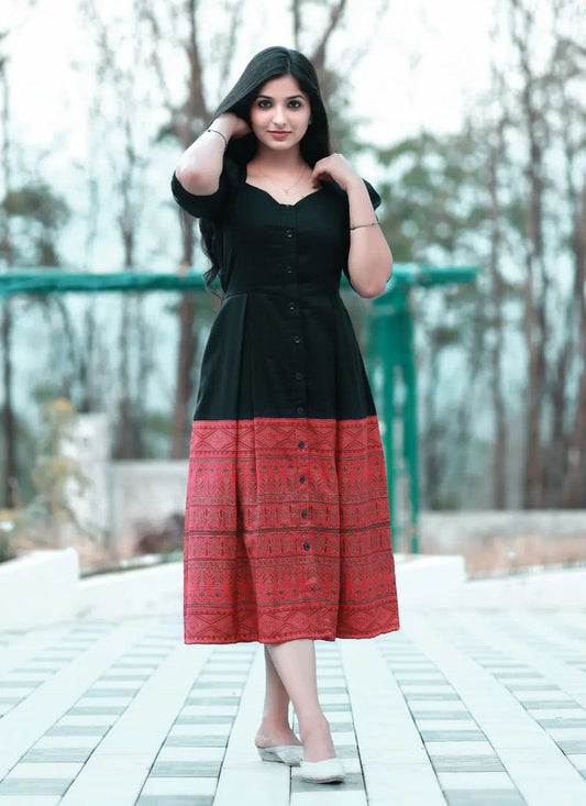 Black And Red Rayon Printed Western Dress