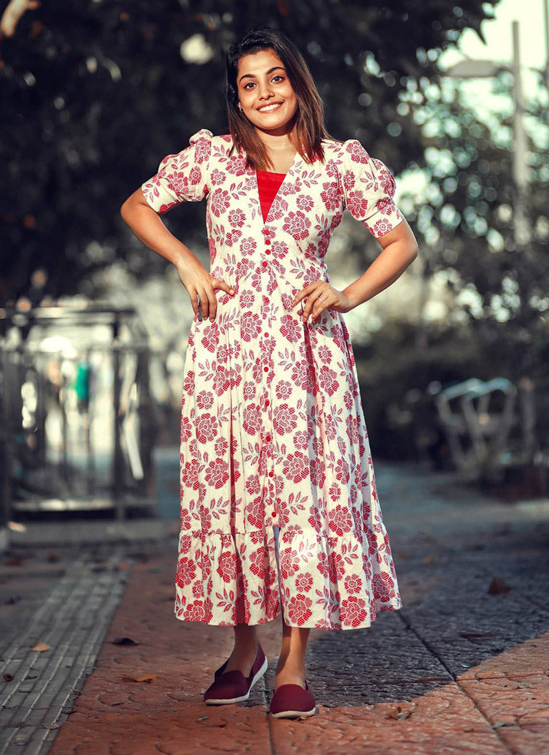 White & Red Rayon Printed Western Dress