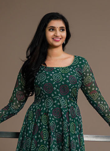 Charming Green Faux Georgette Printed Bandhej Dress