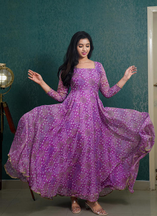 accentuating Purple Faux Georgette Printed Bandhej Dress