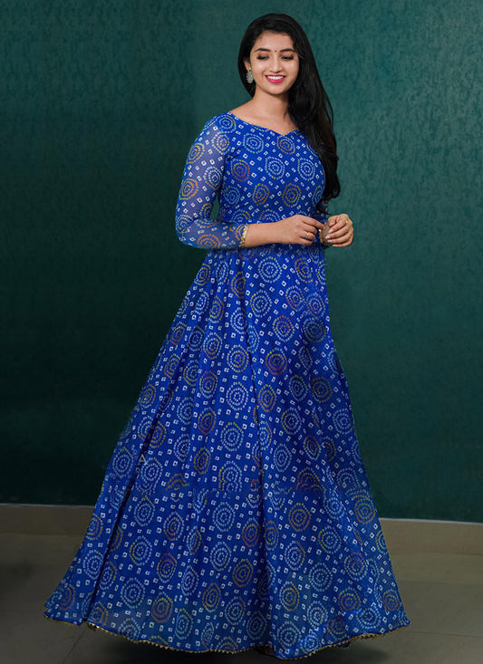 Essential Blue Faux Georgette Printed Bandhej Dress